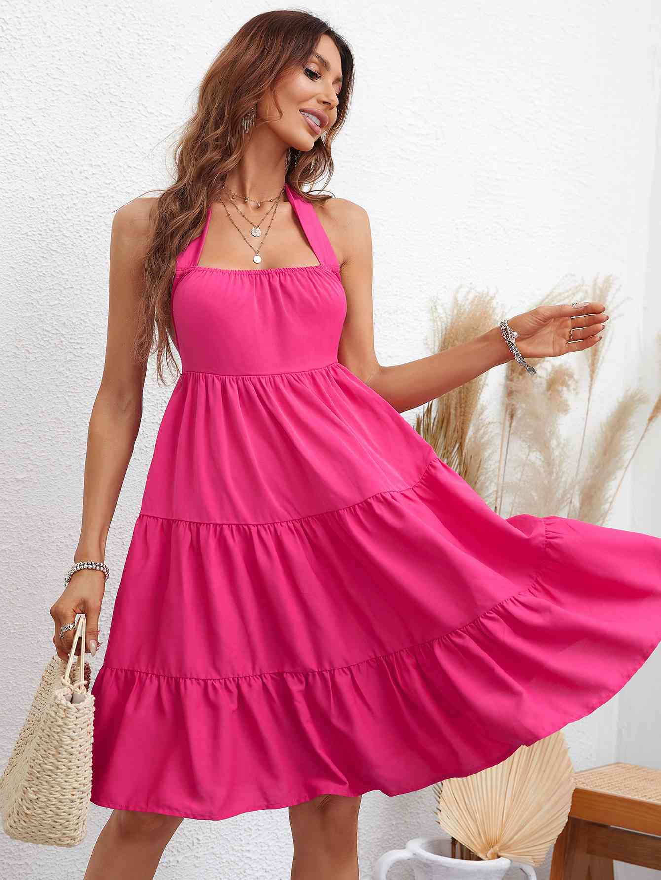 TEEK - Hot Pink Halter Neck Tiered Dress DRESS TEEK Trend   