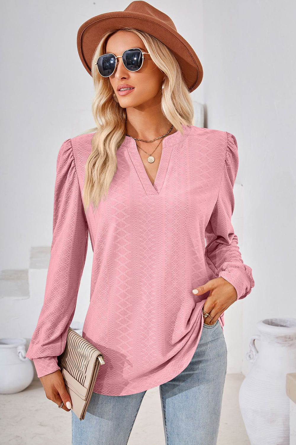 TEEK - Notched Long Sleeve Top TOPS TEEK Trend Blush Pink S 