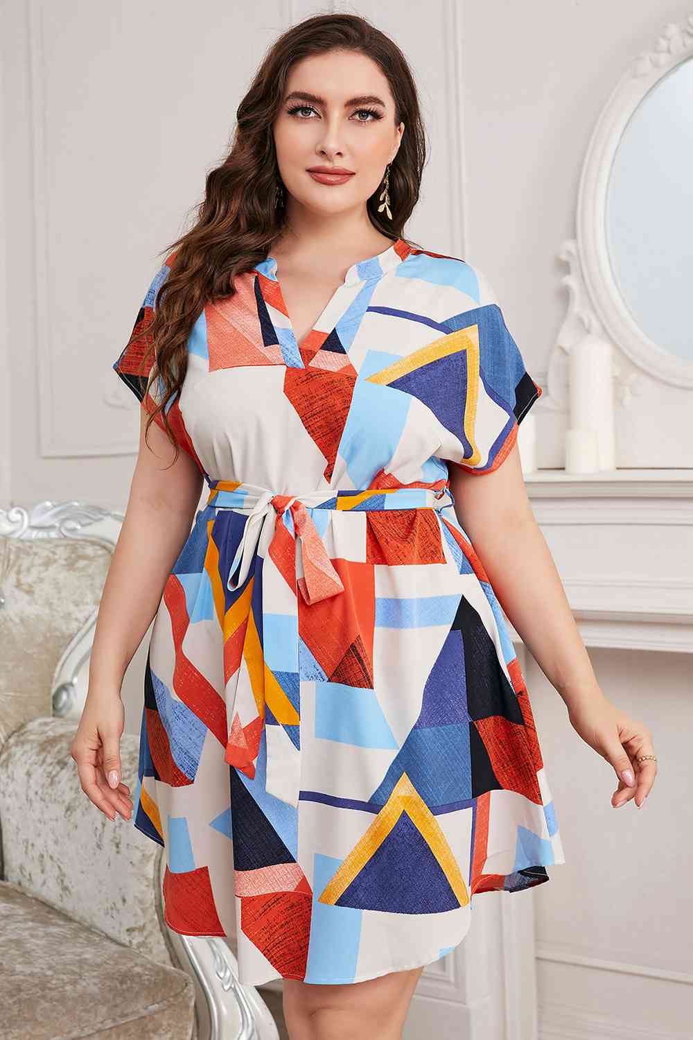 TEEK - Multicolor Plus Size Notched Neck Tie Waist Dress DRESS TEEK Trend 1XL  
