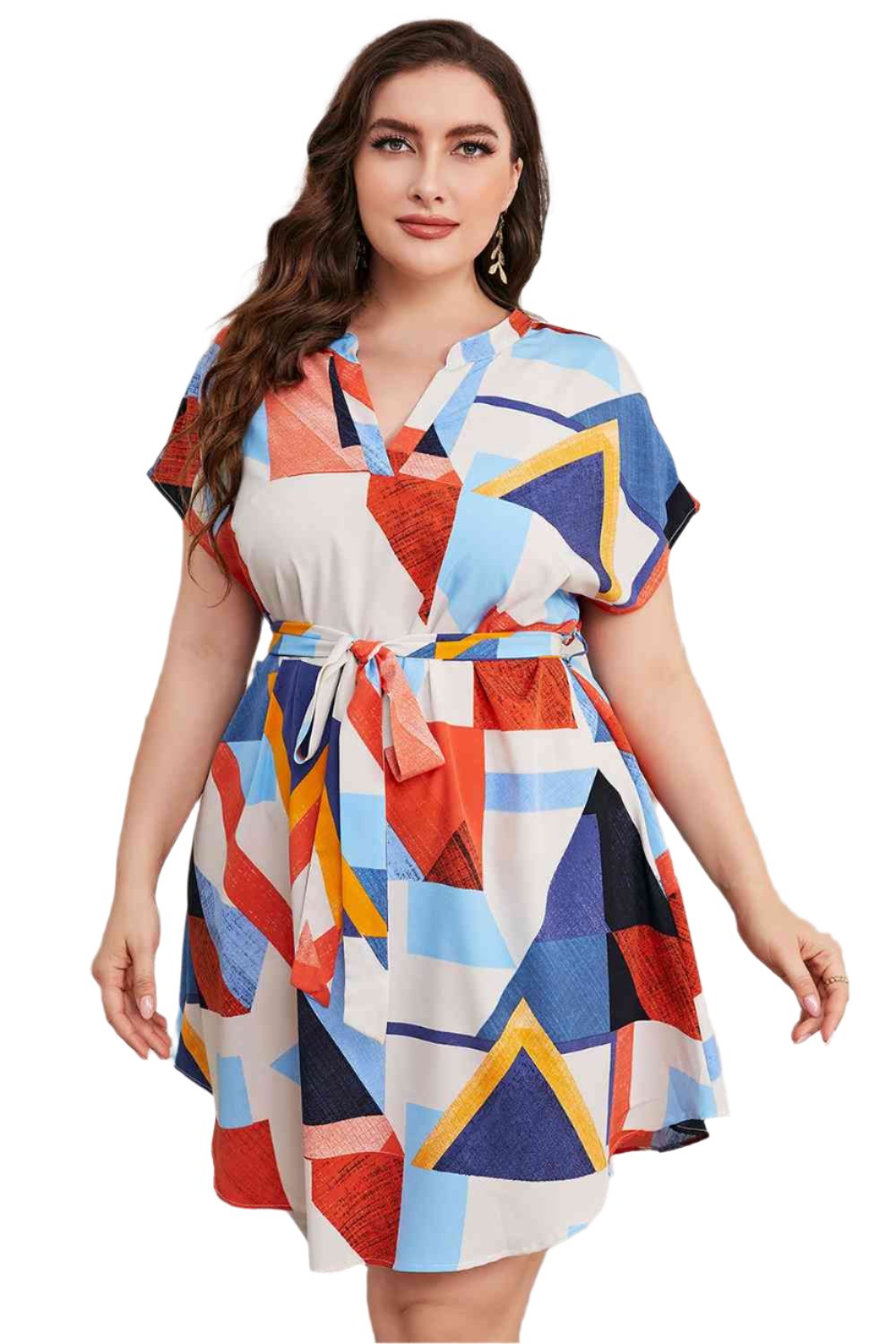 TEEK - Multicolor Plus Size Notched Neck Tie Waist Dress DRESS TEEK Trend 1XL  