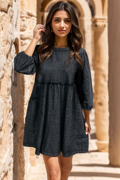 TEEK - Charcoal Balloon Sleeve Mini Denim Dress DRESS TEEK Trend   