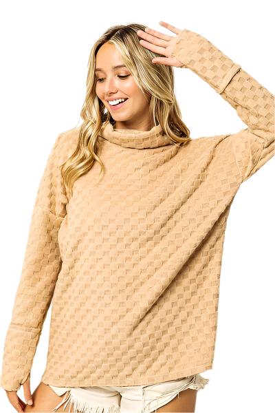 TEEK - Taupe Checkered Thumbhole Long Sleeve Top TOPS TEEK Trend   