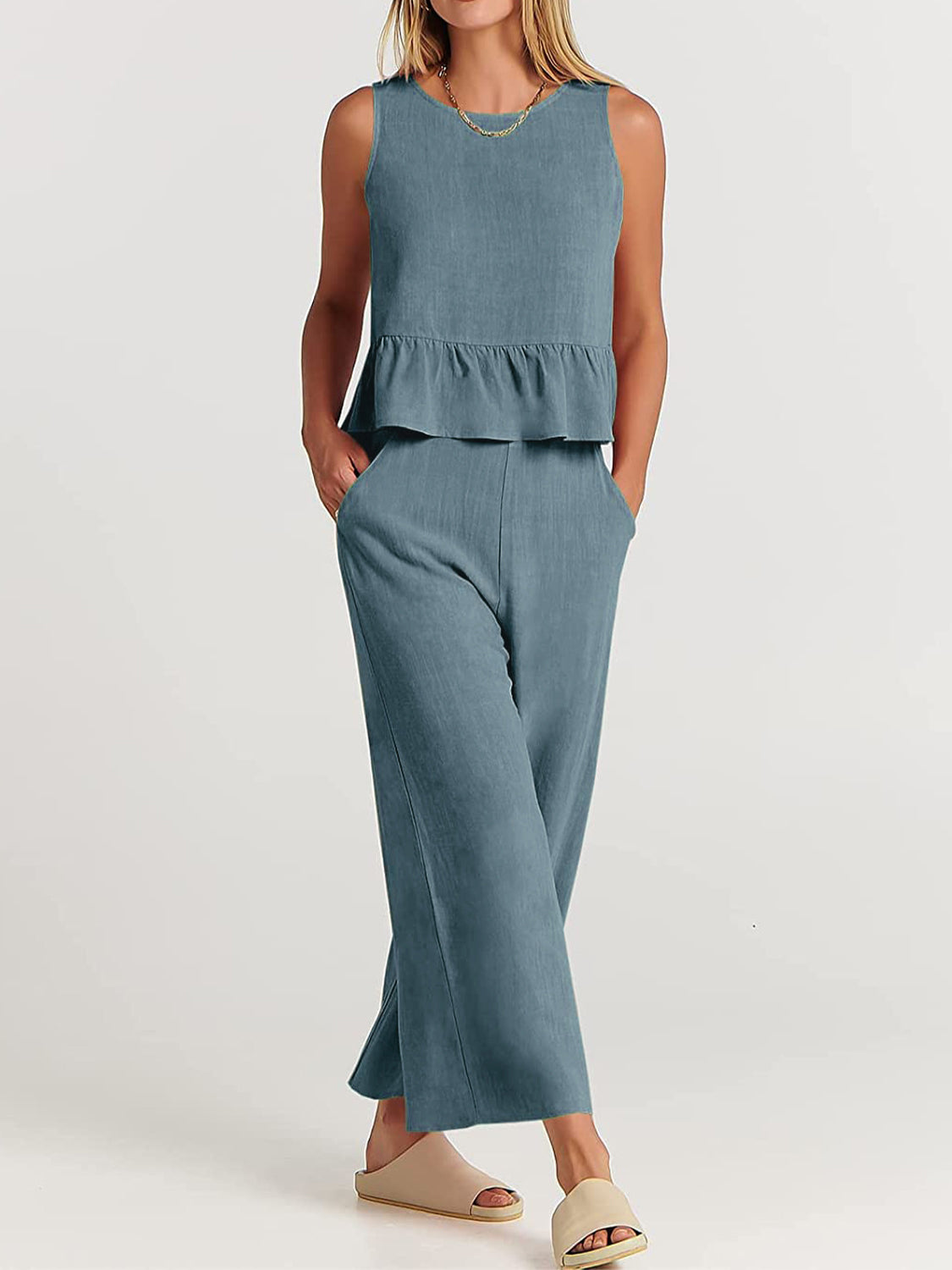 TEEK - Ruffle Bottom Top and Wide Leg Pants Set SET TEEK Trend Air Force Blue S 