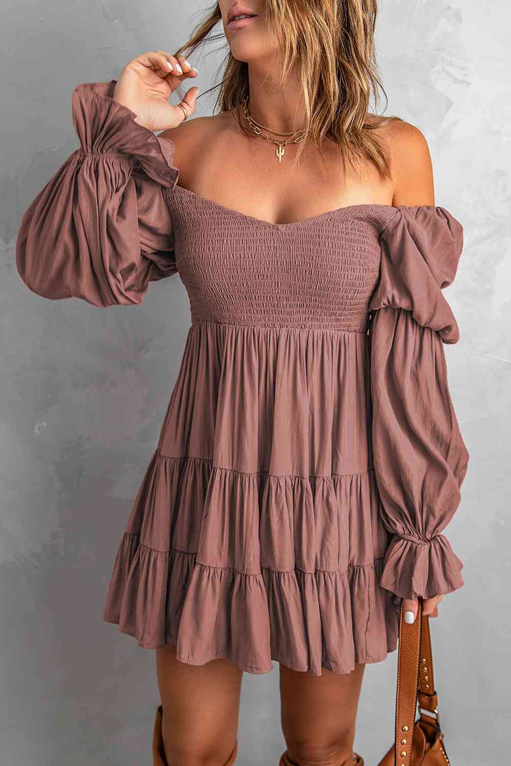 TEEK - Smocked Off-Shoulder Tiered Mini Dress DRESS TEEK Trend Chestnut S 