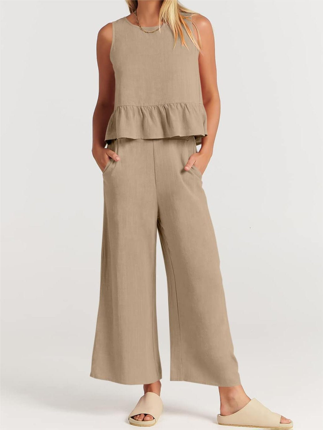 TEEK - Ruffle Bottom Top and Wide Leg Pants Set SET TEEK Trend Khaki S 