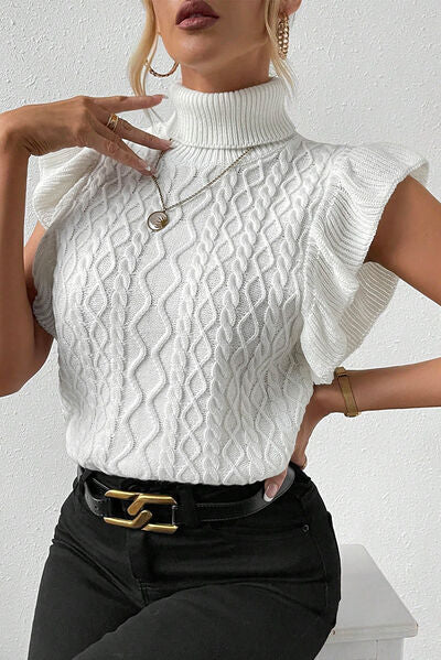TEEK - White Turtleneck Cap Ruffle Sleeve Sweater SWEATER TEEK Trend   