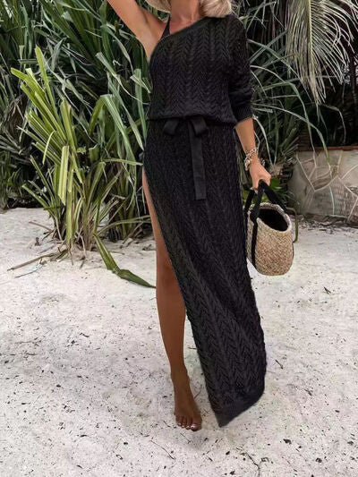 TEEK - Slit Single Shoulder Knit Beach Dress DRESS TEEK Trend Black S 