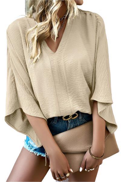 TEEK - V-Neck Flutter Sleeve Blouse TOPS TEEK Trend Sand S 