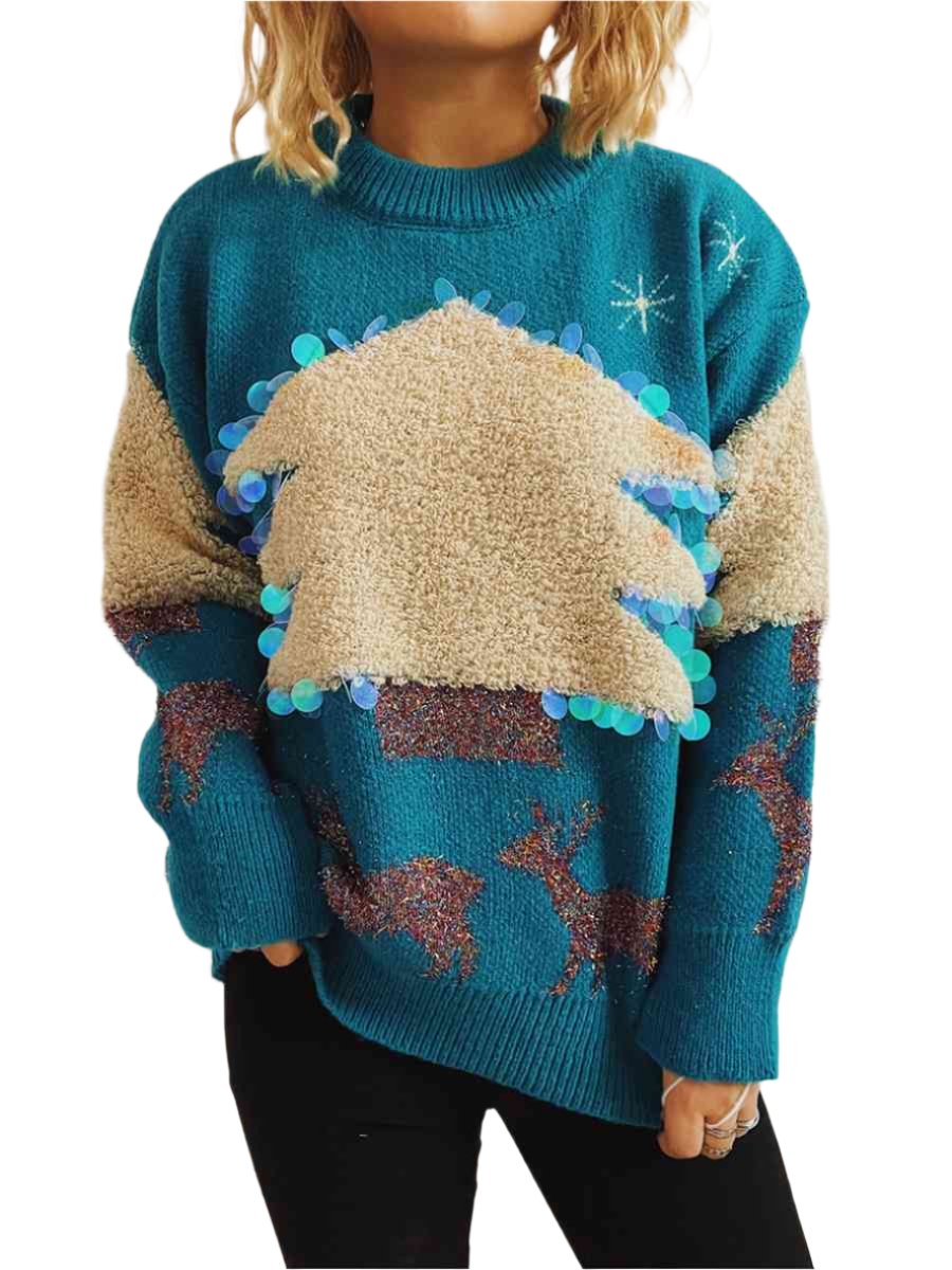 TEEK - Sequin Christmas Tree & Reindeer Sweater SWEATER TEEK Trend Sky Blue S 