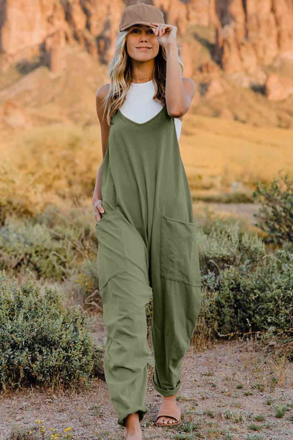 TEEK - Varied Color V-Neck Sleeveless Jumpsuit with Pocket OVERALLS TEEK Trend Army Green S 