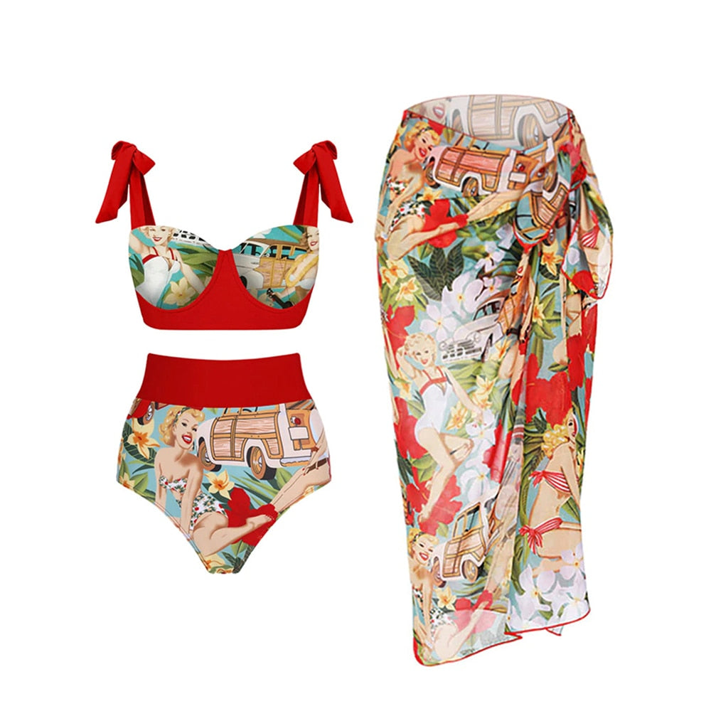 TEEK - Red Pinup Retro Print Swimsuit SWIMWEAR theteekdotcom   