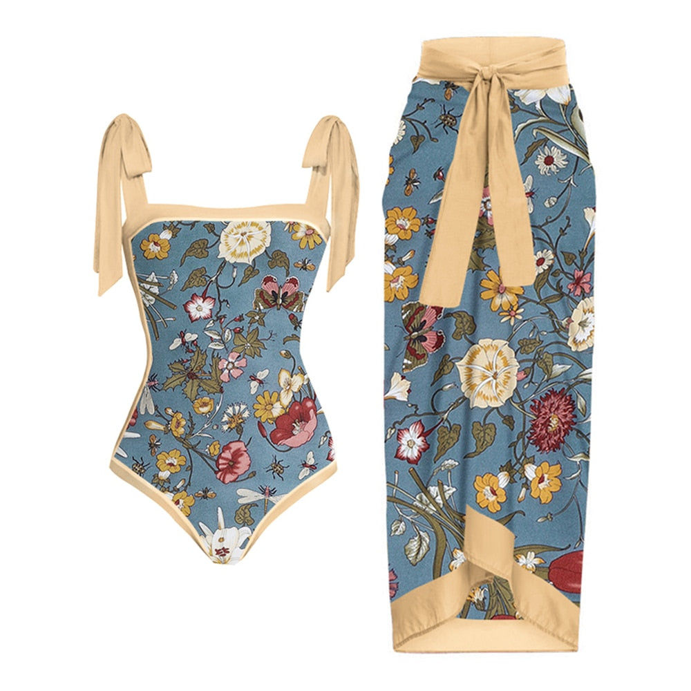 TEEK - Vintage Blue Creme Floral Print Swimsuit Set