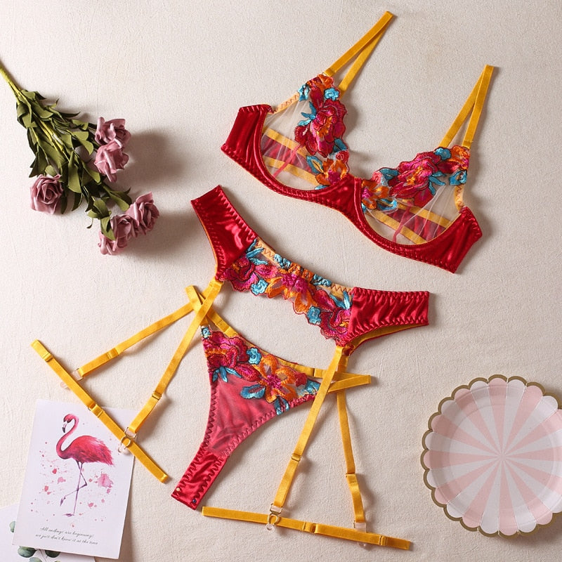TEEK - 3-Piece Embroidery Contrast Color Lingerie Set JEWELRY theteekdotcom red yellow S 