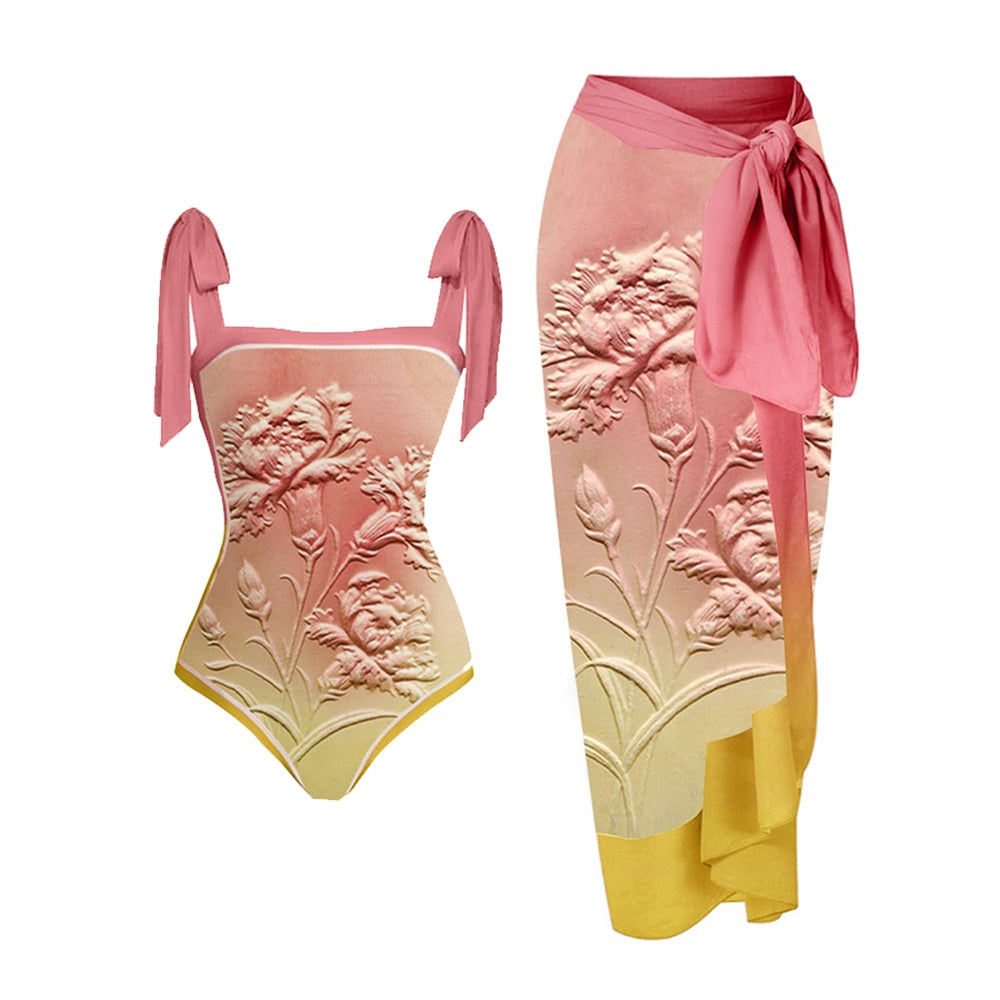TEEK - Pink Floral Emboss Print Gradient Swimsuit Set SWIMWEAR theteekdotcom   