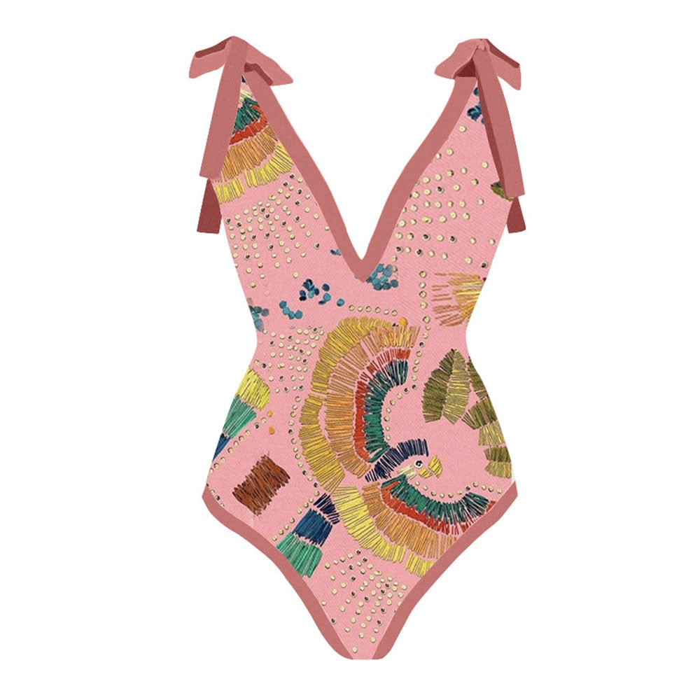 TEEK - Deep V Stripe Border Swimsuit Set SWIMWEAR theteekdotcom Pink S 