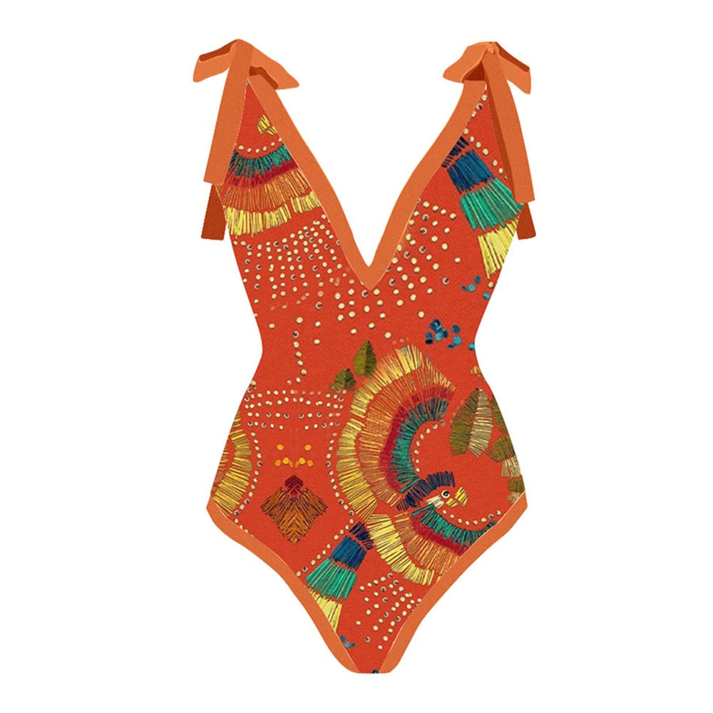 TEEK - Deep V Stripe Border Swimsuit Set SWIMWEAR theteekdotcom Orange S 