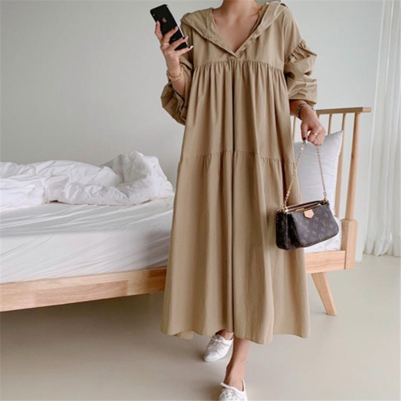 TEEK - Pocketed Hoodie Dress DRESS theteekdotcom khaki One Size 