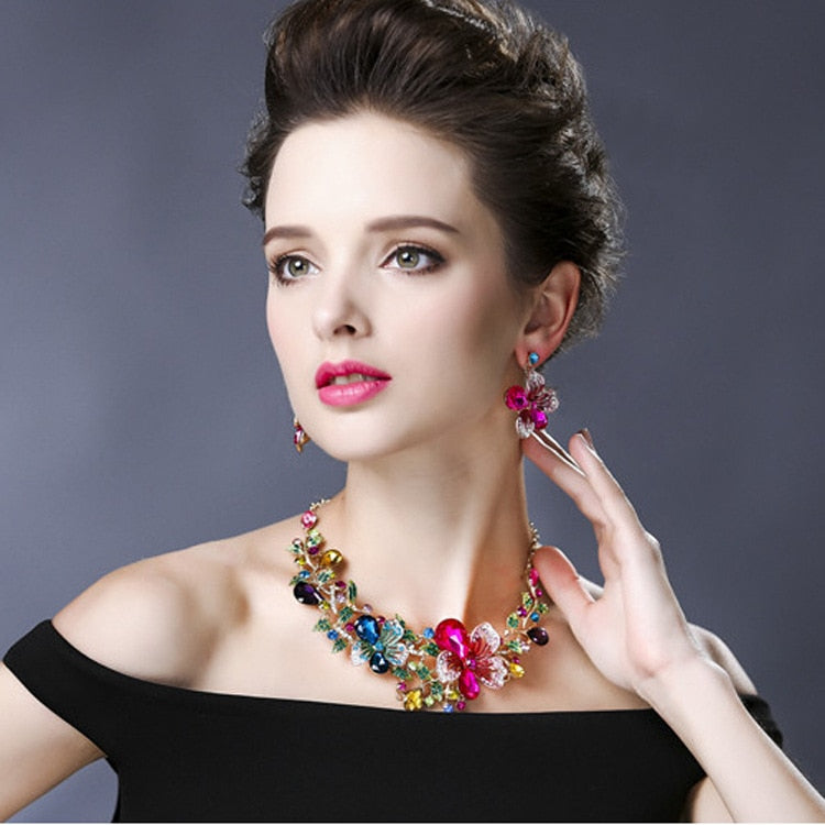 TEEK - Color Crystal Flower Necklace Earring Set JEWELRY theteekdotcom multi  