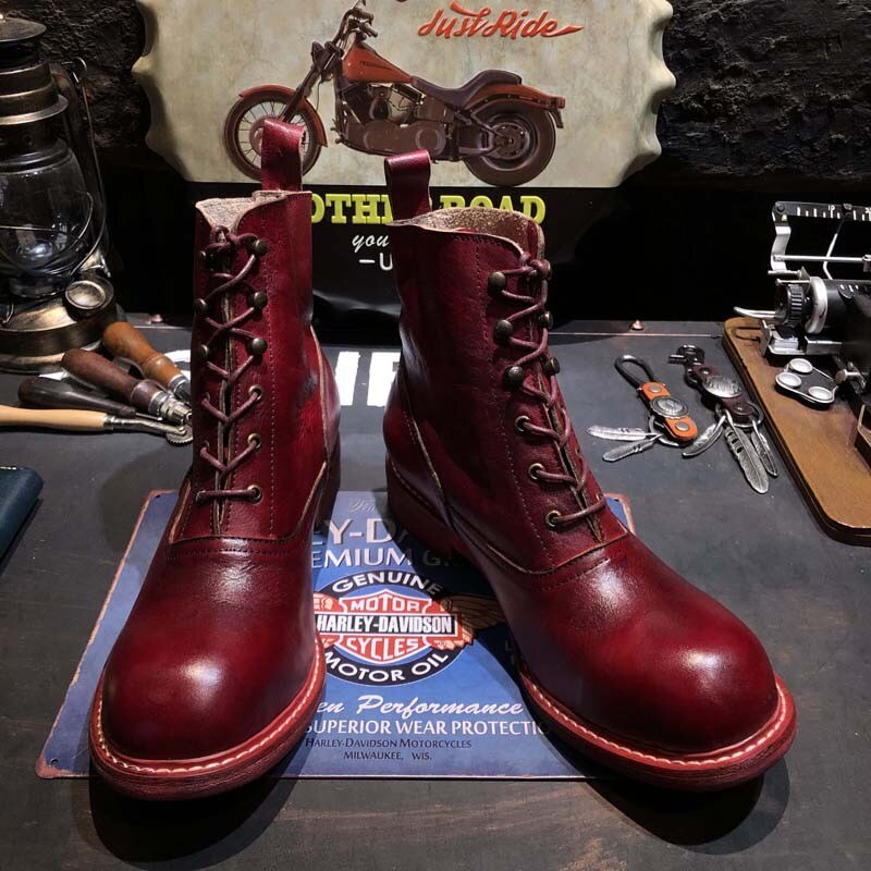 TEEK - Handmade Mens Red Wine Round Toe Vintage Boots SHOES theteekdotcom   