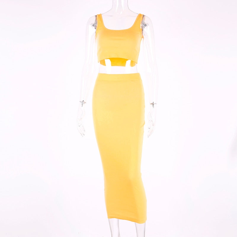 TEEK - 2pc Knit Tank Long Skirt Set SET theteekdotcom Yellow S 