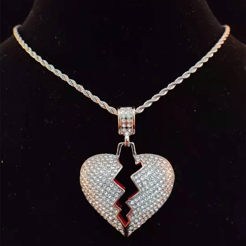 TEEK - Bling Broken Heart Cuban Chain Necklace JEWELRY theteekdotcom Silver a 16inch 