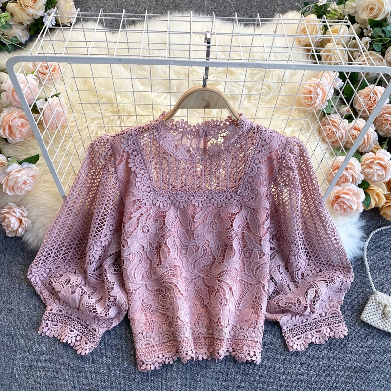 TEEK - French Hollow Round Neck Puff Blouse TOPS theteekdotcom M pink 
