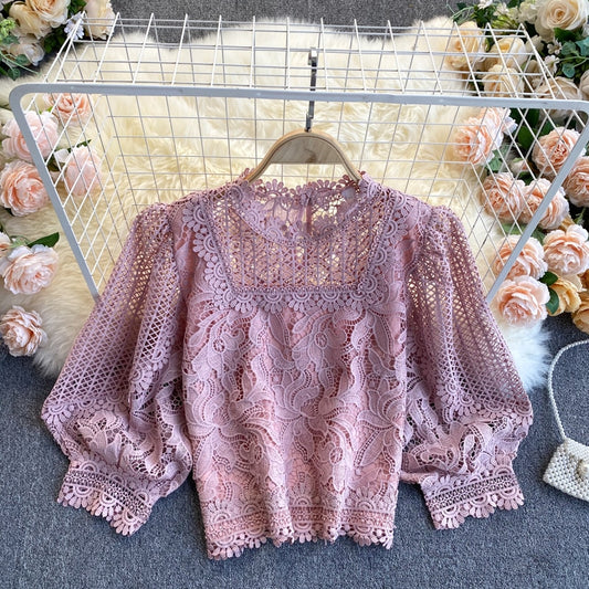 TEEK - French Hollow Round Neck Puff Blouse TOPS theteekdotcom pink M 