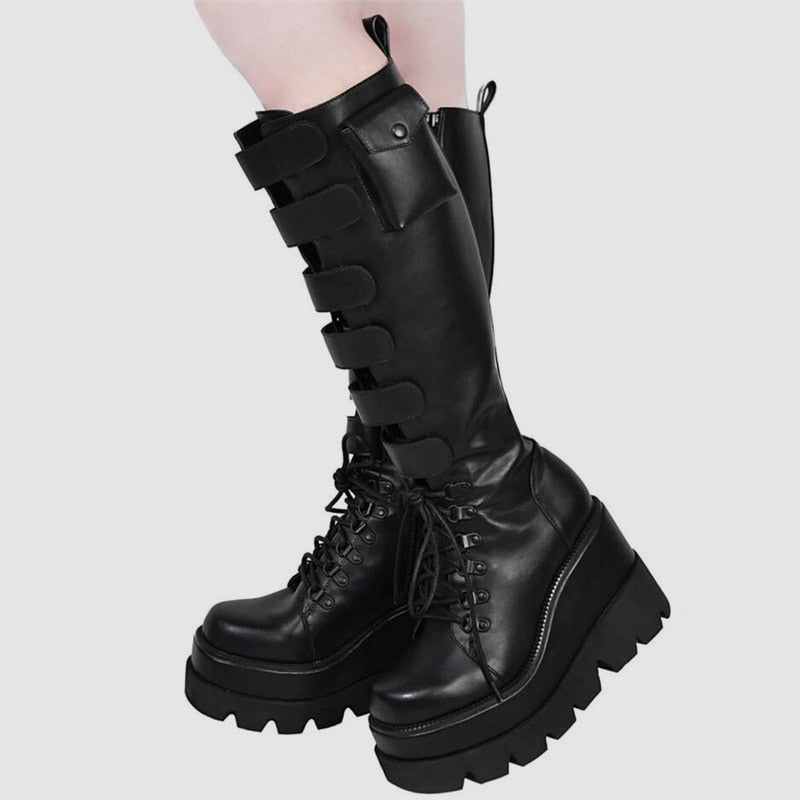 TEEK - Platform Thigh High Buckle Punk Boots SHOES theteekdotcom black knee high 5 