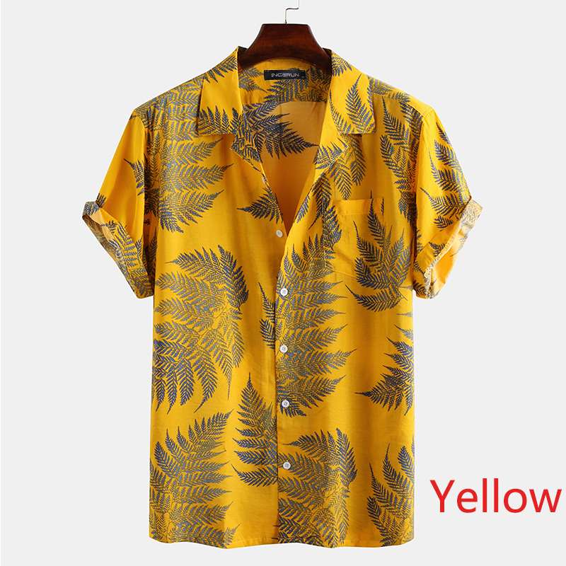 TEEK - Mens Short Sleeve Printed Tropical Leaf Shirt TOPS theteekdotcom Yellow S 