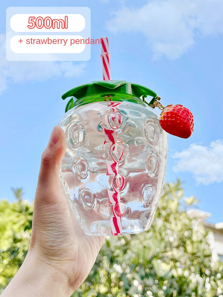 TEEK - Strawberry Portable Cup  & Straw DRINKING GLASS theteekdotcom Clear Cup Straw & Pendant  