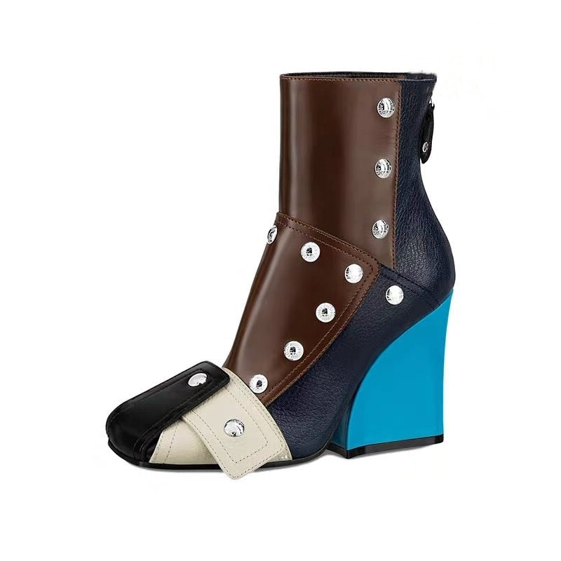 TEEK - Mixed Color Buckle Rivet Ankle Boots SHOES theteekdotcom Blue 4.5 