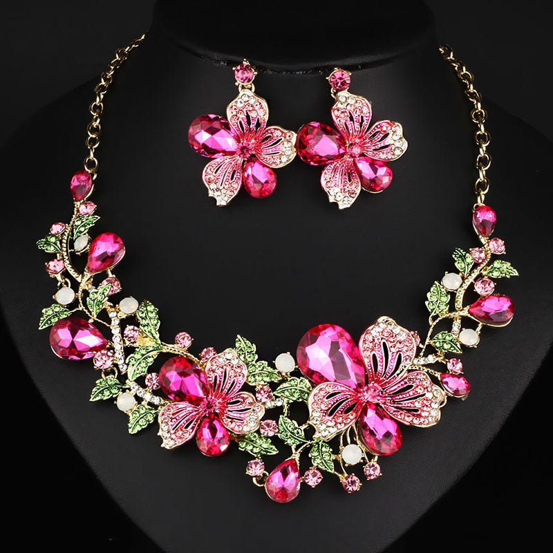 TEEK - Color Crystal Flower Necklace Earring Set JEWELRY theteekdotcom pink  