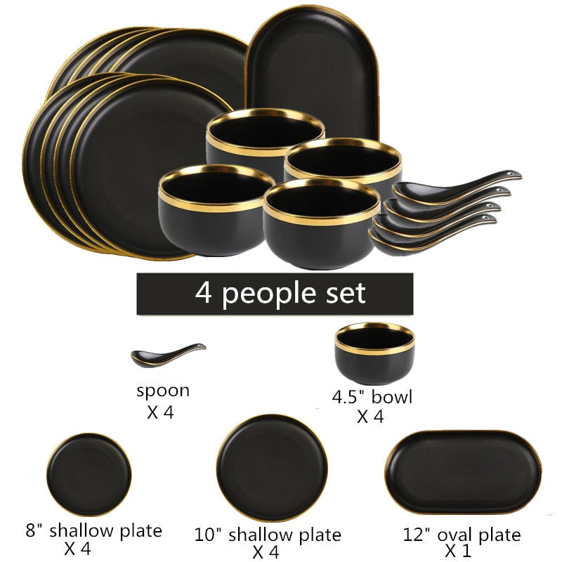 TEEK - Glit Rim Black Porcelain Plates HOME DECOR theteekdotcom Set A4(17pcs)  