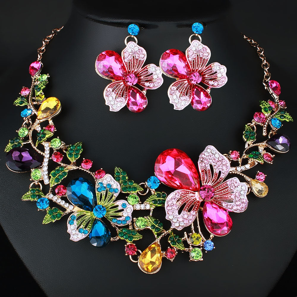 TEEK - Color Crystal Flower Necklace Earring Set JEWELRY theteekdotcom   