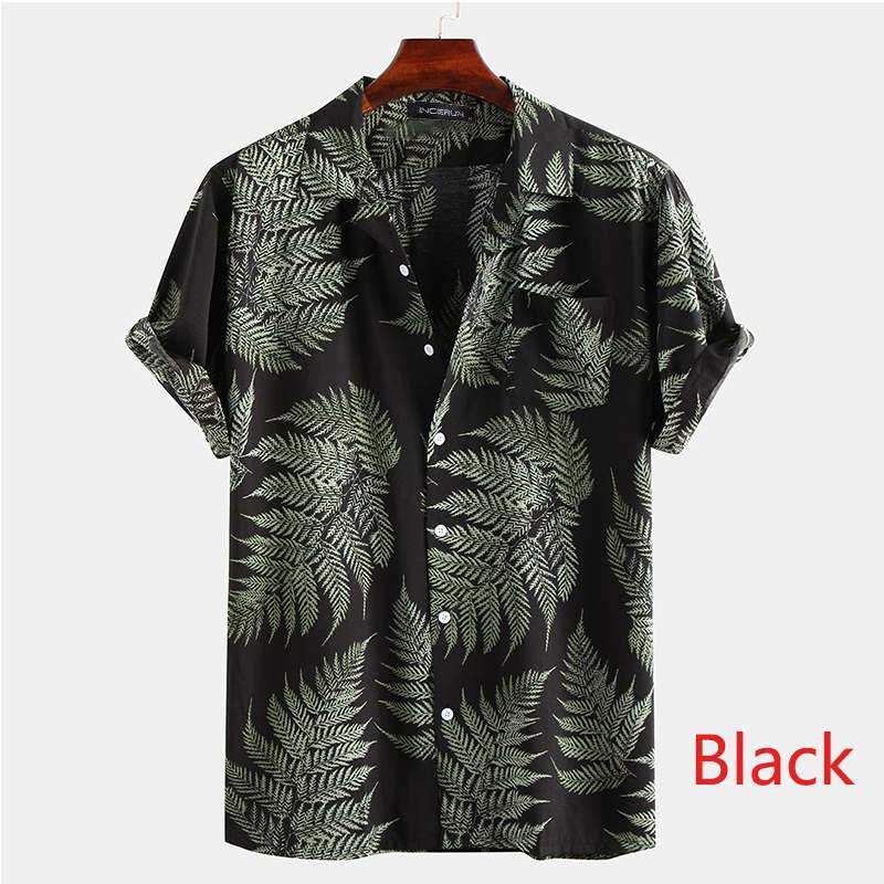 TEEK - Mens Short Sleeve Printed Tropical Leaf Shirt TOPS theteekdotcom Black S 