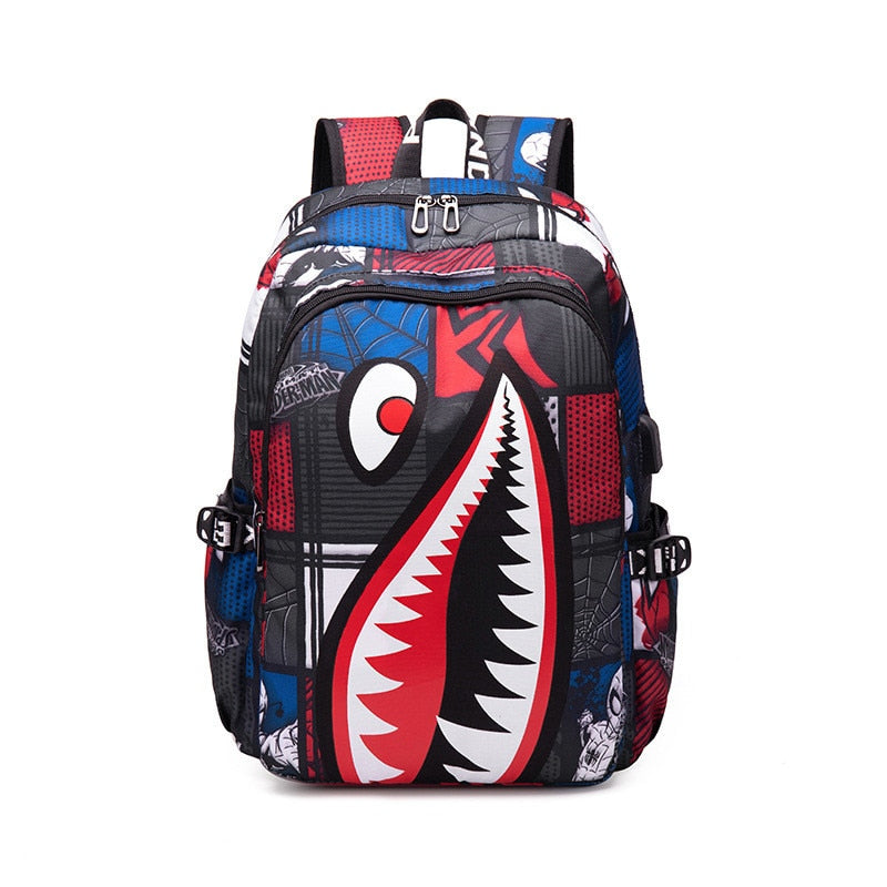 TEEK - Shark Print Backpack BAG theteekdotcom Red-No USB  