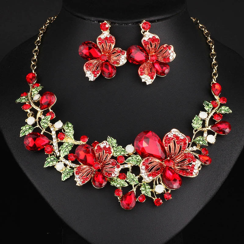 TEEK - Color Crystal Flower Necklace Earring Set JEWELRY theteekdotcom red  