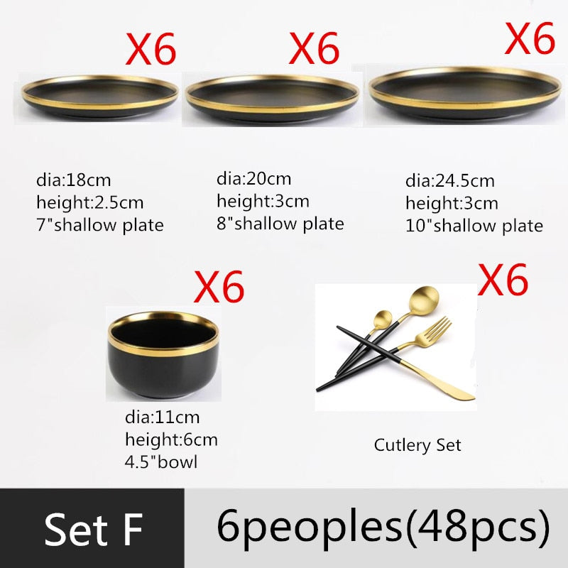 TEEK - Glit Rim Black Porcelain Plates HOME DECOR theteekdotcom Set F(48pcs)  