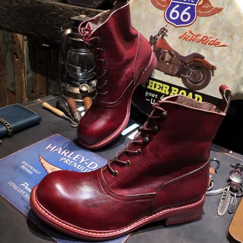 TEEK - Handmade Mens Red Wine Round Toe Vintage Boots SHOES theteekdotcom 7  