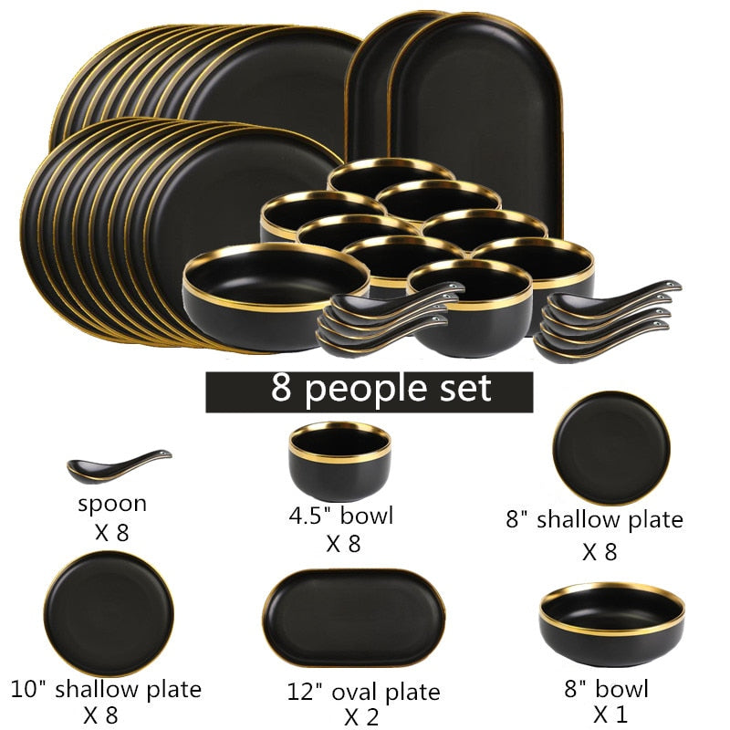 TEEK - Glit Rim Black Porcelain Plates HOME DECOR theteekdotcom Set A8(35pcs)  