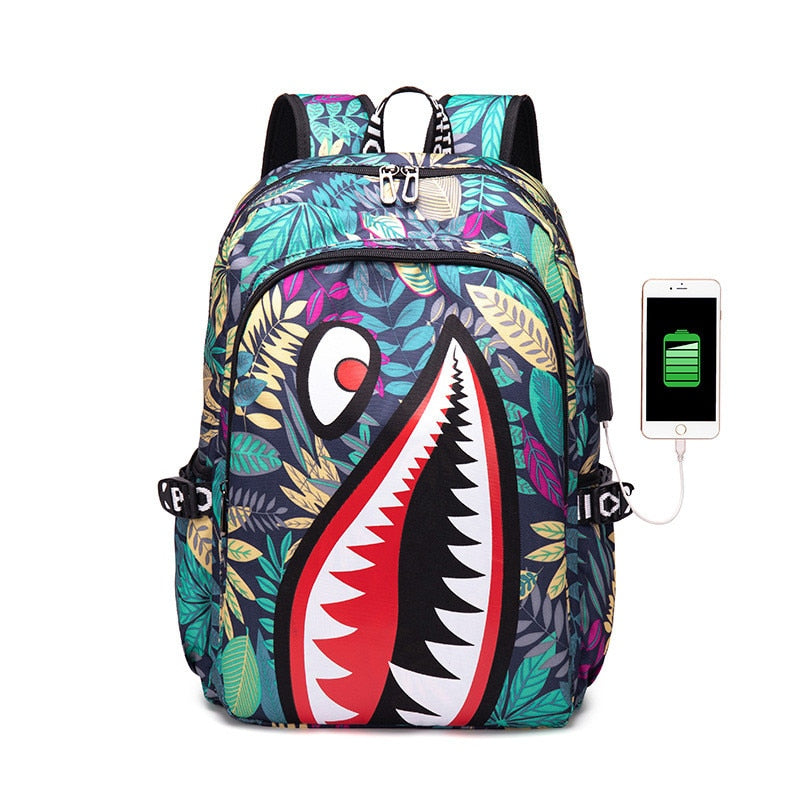 TEEK - Shark Print Backpack BAG theteekdotcom Green-USB  