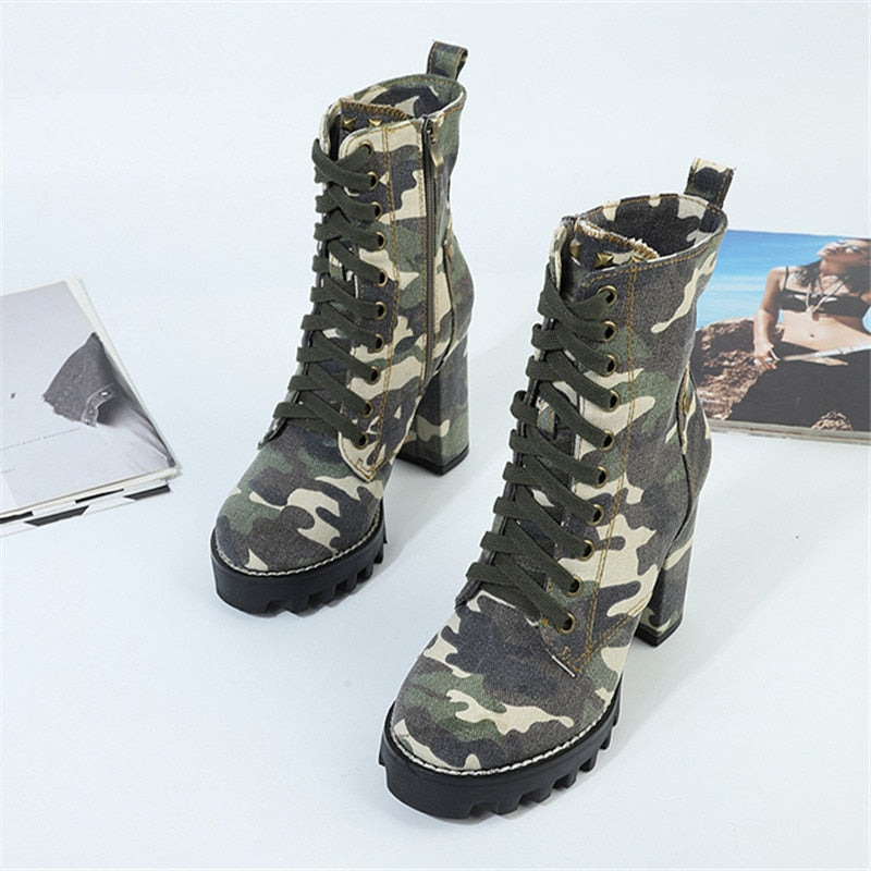 TEEK - Camouflage Lace Up Chunky Heel Denim Boots SHOES theteekdotcom   