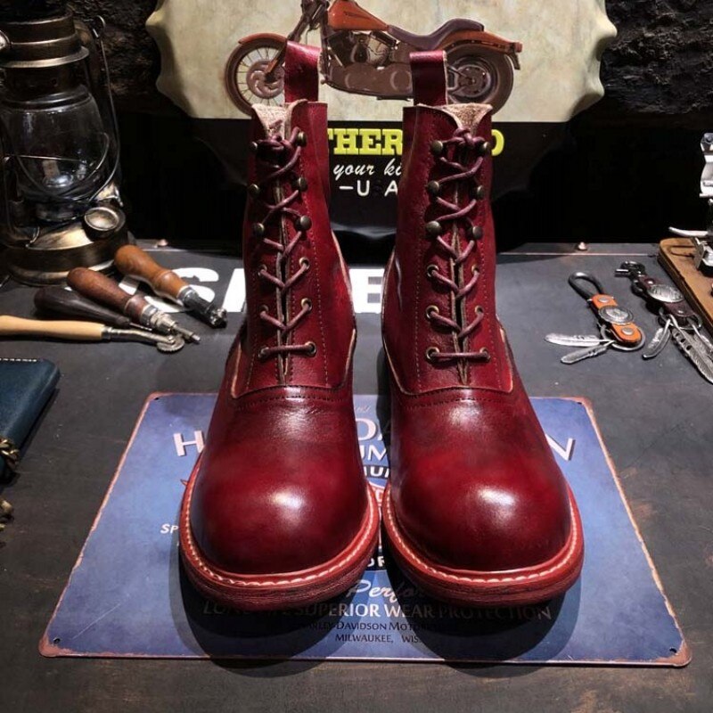 TEEK - Handmade Mens Red Wine Round Toe Vintage Boots SHOES theteekdotcom   