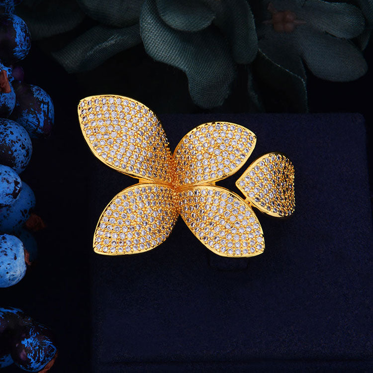 TEEK - Flower Leaf CZ Jewelry JEWELRY theteekdotcom D Gold Ring  