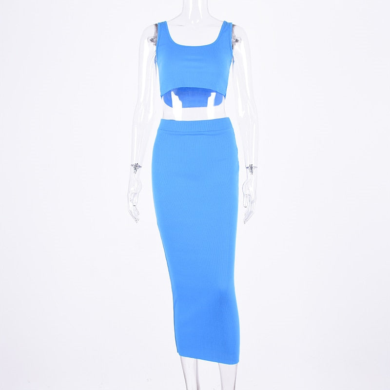 TEEK - 2pc Knit Tank Long Skirt Set SET theteekdotcom Blue S 
