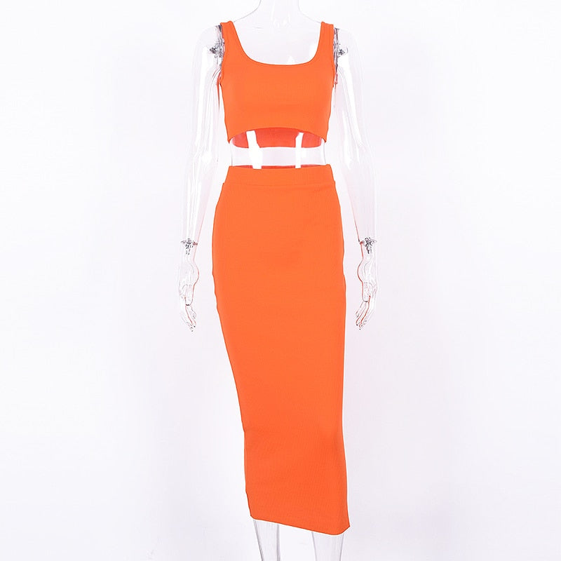 TEEK - 2pc Knit Tank Long Skirt Set SET theteekdotcom Orange S 