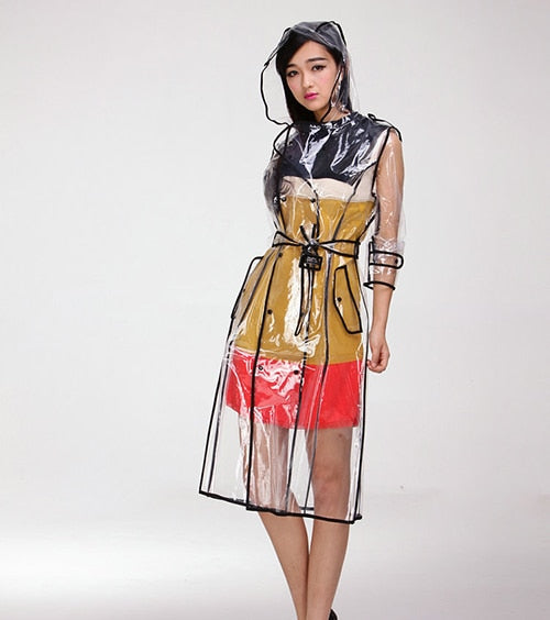 TEEK - Transparent Plastic Ladies Raincoat | Various Colors COAT theteekdotcom BLACK HEM One Size 