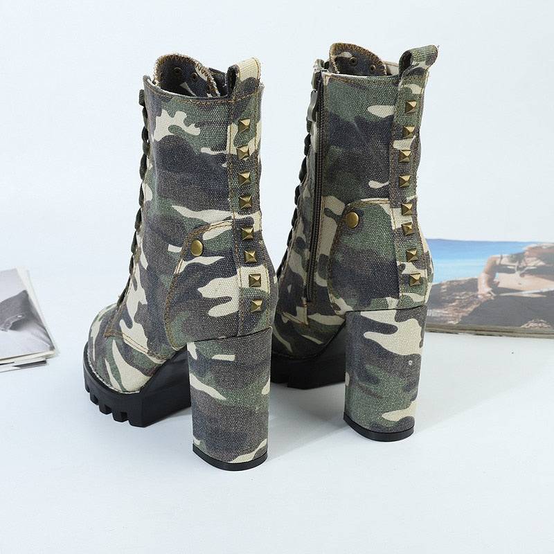 TEEK - Camouflage Lace Up Chunky Heel Denim Boots SHOES theteekdotcom   
