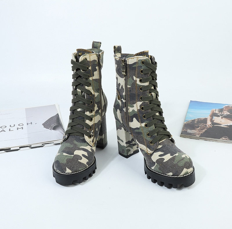 TEEK - Camouflage Lace Up Chunky Heel Denim Boots SHOES theteekdotcom Camouflage 5.5 
