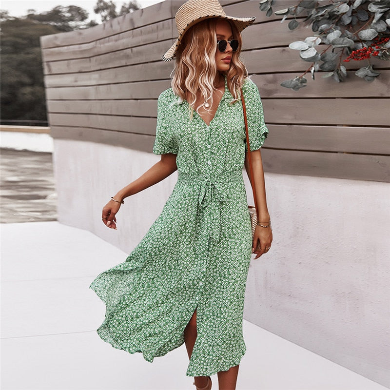 TEEK - Casual Short Sleeve Button Floral Print Dress DRESS theteekdotcom Green S 